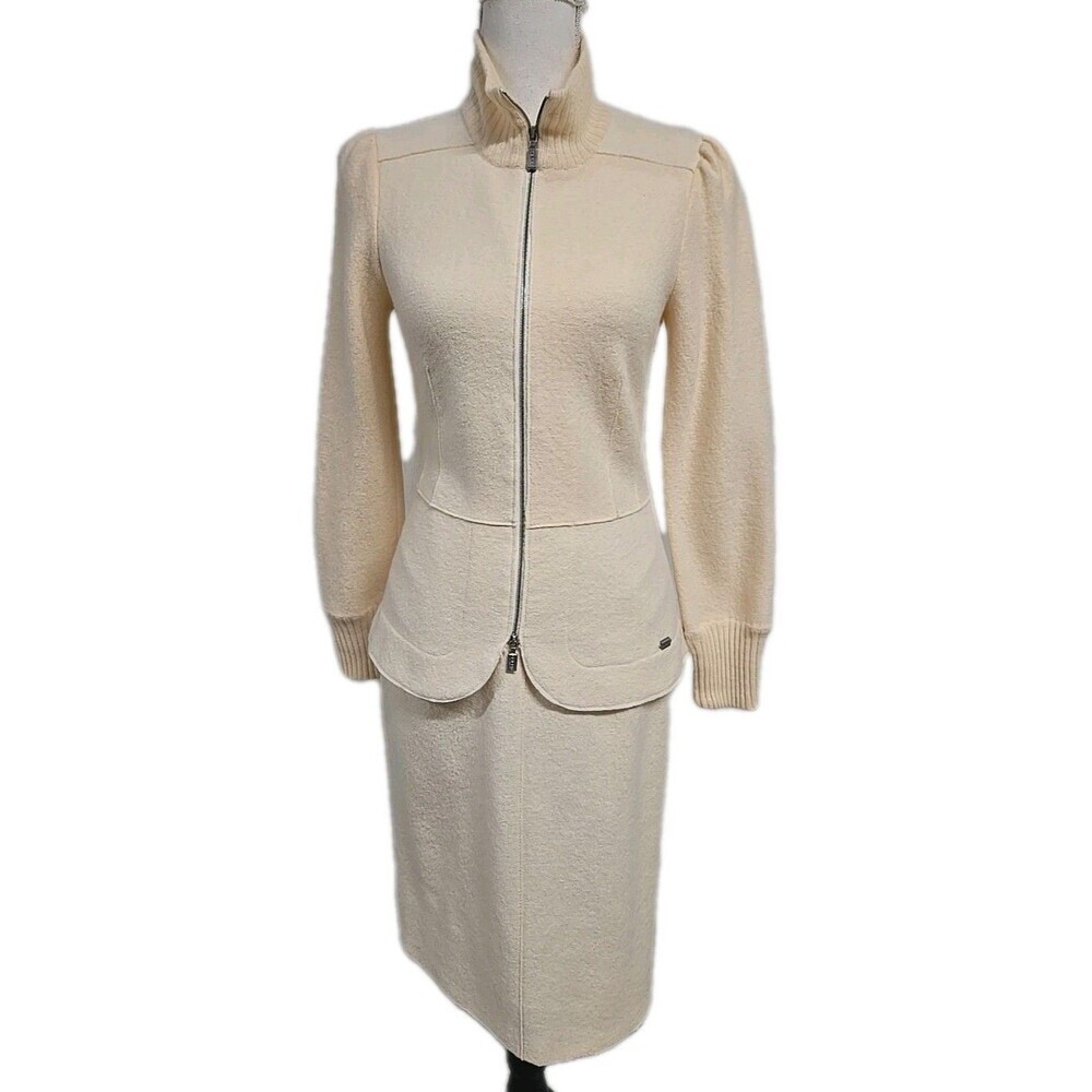 Geiger Blazer Peplum & Skirt Set Pure New Wool Beige‎ Vintage Size 34/Small EUC